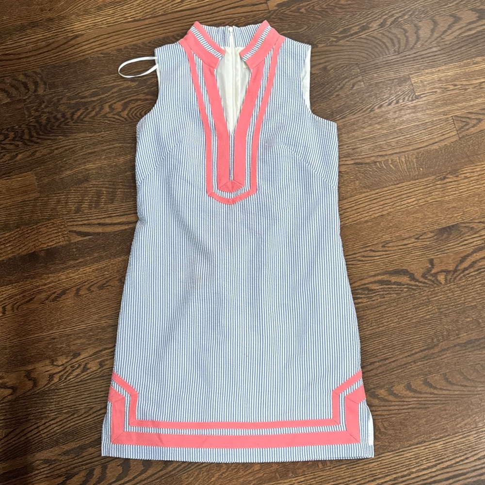 Striped Seersucker Sleeveless Dress with Pink Accents